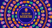 Dia De Los Muertos, Day Of The Dead Abstract Mexican Background With Circles Of Garlands, Paper Decorations And Flowers