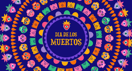 Wall Mural - Dia de los Muertos, Day of the dead abstract Mexican background with circles of garlands, paper decorations and flowers