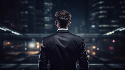 Back of business man wearing a suit standing inside of office building