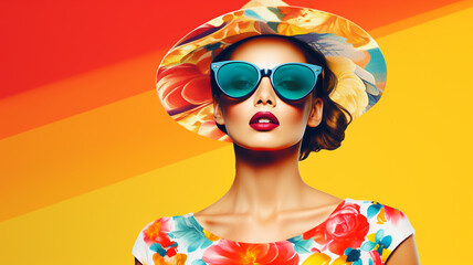 Poster - Pop art fashion woman with trendy sunglasses. Retro style poster collage. Digital Illustration