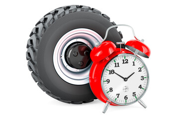 Fototapete - Truck Wheel with alarm clock, 3D rendering
