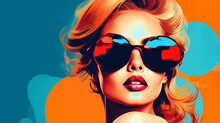 Summer Poster Travel. Fashion Woman Wearing Trendy Sunglasses. Retro Style Pop Art Background