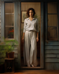 Wall Mural - Portrait of a Woman in a Doorway Wearing Slacks