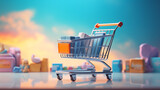 Fototapeta  - Illustration of shopping cart and laptop, soft blue background, online stores concept