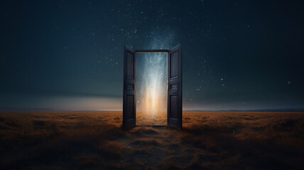 Wall Mural - Light shining trough open door in field landscape at night, concept of new goals and progress