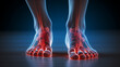 Joint paint or injury in feet and ankles, x-ray style illustration