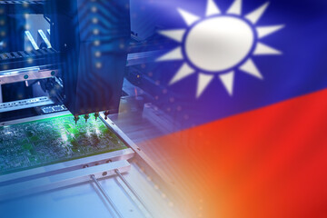 Poster - Microelectronics manufacturing in taiwan. Flag near digital board. National symbol of taiwan. PCB production machine. Manufacture of microprocessors in taiwan. Microelectronics industry