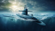 Generic military nuclear submarine floating in the middle of the ocean with a fighter jet in the background, wide poster design with copy space area