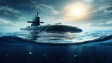 Generic Military Nuclear Submarine Floating In The Middle Of The Ocean With A Fighter Jet In The Background, Wide Poster Design With Copy Space Area