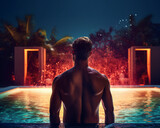 Summer Seduction: Poolside Aesthetics. Sultry Swim: The Allure of the Summer Pool. Naked man at the pool mistery enviroment, 