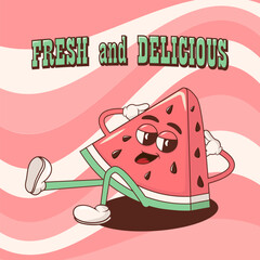 Summer groovy food character. Vector illustration with a cheerful slice of watermelon. Retro poster or print. Nostalgia 60s, 70s, 80s.