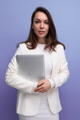 Sticker - successful brunette business woman holding laptop computer for work