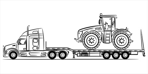 Wall Mural - American Flatbed trailer truck abstract silhouette on white background. A hand drawn of a truck car. Trailer with axle extendable trailer rigged. Low Bed Trailer Truck with wheeled tractor