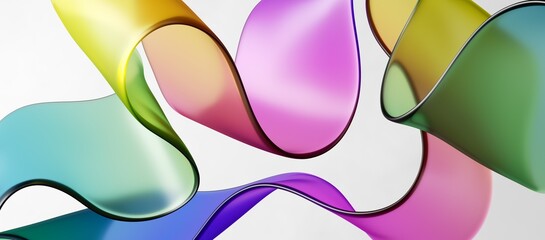 Wall Mural - 3d render, modern abstract background, colorful curvy glass ribbon isolated on white background. Trendy wallpaper