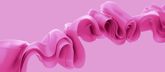 Wall Mural - 3d render, abstract pink background. Folded ruffle, curvy waving ribbons, textile layers. Modern wallpaper