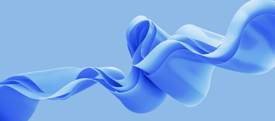3d render, abstract background with folded textile ruffle, curvy waving ribbons, blue cloth macro, fashion wallpaper