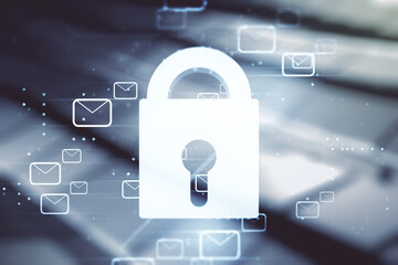 Poster - Abstract virtual lock illustration with postal envelopes on abstract metal background, cyber security and email protection concept. Multiexposure