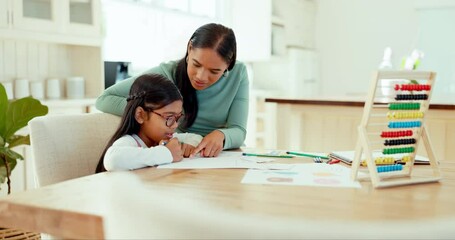 Aufkleber - Homework, mother or girl writing for education or learning an artistic kindergarten school project. Teaching, family or child student studying with mom for help or support drawing on paper in house