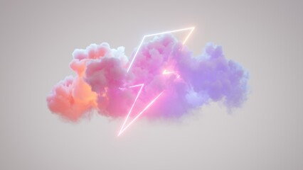 3d render, geometric lightning sign glows with neon light inside the colorful cloud isolated on white background, fantasy sky. Stormy cumulus with geometric shape