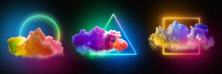 3d render. set of neon geometric shapes and colorful clouds. abstract minimal background. fantasy de