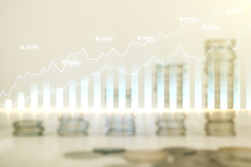 Poster - Multi exposure of virtual creative financial chart hologram on growing stacks of coins background, research and analytics concept
