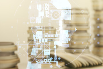 Poster - Double exposure of creative human head microcircuit hologram on growing coins stacks background. Future technology and AI concept