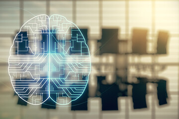 Poster - Virtual creative artificial Intelligence hologram with human brain sketch on a modern conference room background. Multiexposure