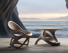 Futuristic Wooden Seat With Insane Shapes Over An Ocean Background.