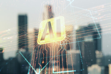Poster - Double exposure of creative artificial Intelligence icon on blurry cityscape background. Neural networks and machine learning concept
