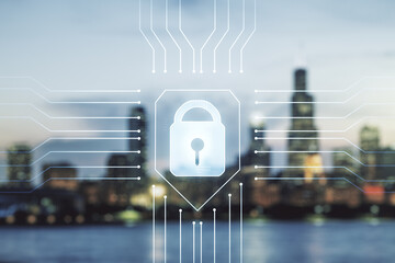 Poster - Virtual creative lock symbol and microcircuit illustration on blurry skyline background. Protection and firewall concept. Multiexposure