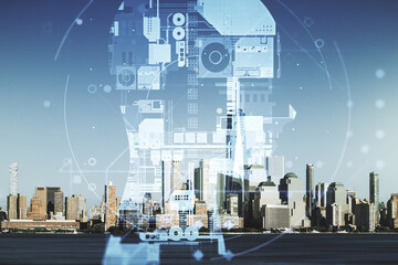 Poster - Double exposure of creative artificial Intelligence hologram on New York city skyscrapers background. Neural networks and machine learning concept