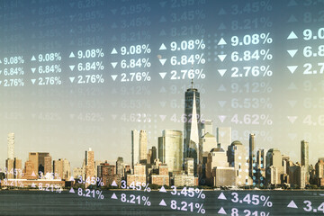 Poster - Double exposure of abstract creative statistics data hologram on New York city office buildings background, analytics and forecasting concept