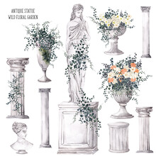 Watercolor Clip Art With Elegant Antique Statue And Vase. Wildflowers, Rose And Delicate Green Leaves, Isolated On White Background
