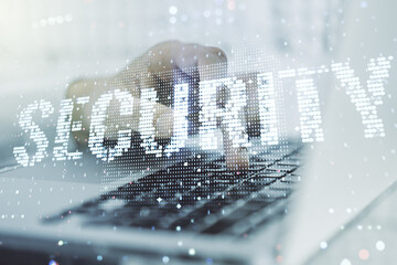Aufkleber - Cyber security creative concept with hands typing on computer keyboard on background. Double exposure