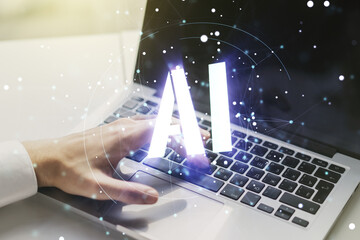 Poster - Creative artificial Intelligence symbol concept with hands typing on laptop on background. Multiexposure