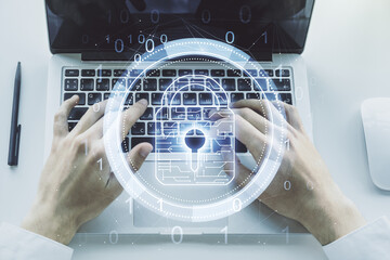 Poster - Creative lock sketch with chip hologram and hands typing on computer keyboard on background, protection of personal data concept. Multiexposure