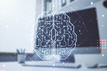 Poster - Creative artificial Intelligence concept with human brain sketch and modern desktop with pc on background. Double exposure