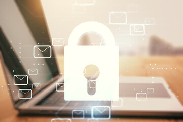 Poster - Double exposure of creative lock hologram with email symbols on laptop background. Information security concept