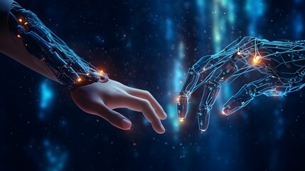 Poster - Illustration showcases the synergy between a robot and a human. AI Generative.