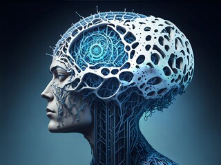 Poster - Human brain showing Intelligent thinking processing. Cyber mind concept a neural network of big data and artificial intelligence. AI Generative