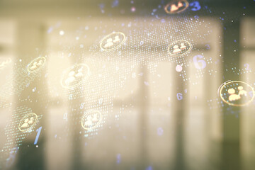 Poster - Double exposure of social network icons interface and world map on empty room interior background. Networking concept