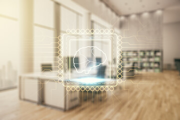 Poster - Double exposure of creative artificial Intelligence interface on modern corporate office background. Neural networks and machine learning concept