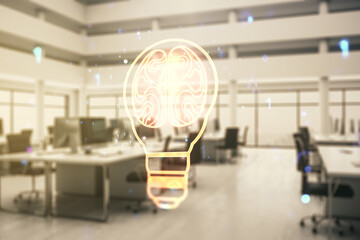Aufkleber - Double exposure of abstract virtual creative light bulb hologram with human brain on modern corporate office background, idea and brainstorming concept