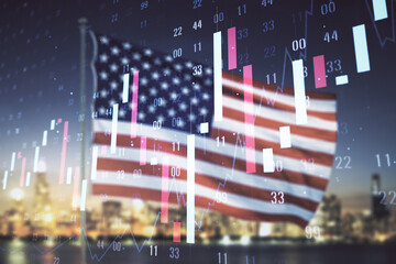 Poster - Multi exposure of virtual creative financial chart hologram on USA flag and blurry skyscrapers background, research and analytics concept
