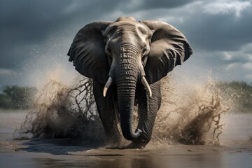 Marauding bull elephant charging through water