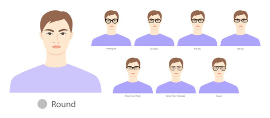 Poster - Set of types of glasses for Men round type faces fashion accessory illustration. Sunglass front view unisex silhouette style, flat spectacles eyeglasses, lens sketch style outline isolated on white