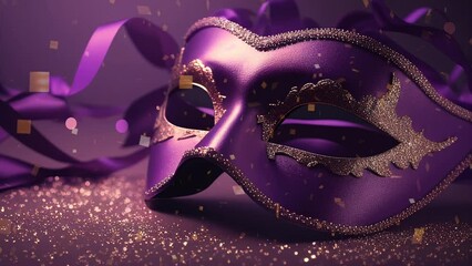 Wall Mural - Elegant purple masquerade mask luxury metallics animated motion background seamless looping for party video background, event costume ball dance holiday New Years Mardi Gras Carnival sparkling lights