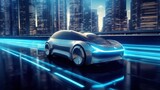 Fototapeta Przestrzenne - Electric Vehicle with Self-Driving. Future Car Software Technology. 3D illustration