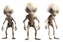 Trio Of Naked Alien Creatures With Big Black Eyes On Transparent Background, Ai Generated