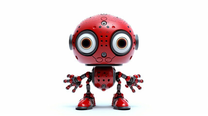 Red robotic character on solid white background. 